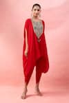 Shop_Alaya Advani_Red Crepe Embroidery, Beads, Tassels Round Neck Cape Kurta And Tulip Pant Set _Online_at_Aza_Fashions