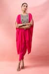 Alaya Advani_Pink Crepe Embroidery, Beads Round Neck Cape Kurta And Tulip Pant Set _at_Aza_Fashions