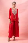 Shop_Alaya Advani_Red Crepe Embroidery, Beads, Zari Round Neck Yoke Kurta And Palazzo Set _Online_at_Aza_Fashions