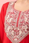 Shop_Alaya Advani_Red Crepe Embroidery, Beads, Zari Round Neck Yoke Kurta And Palazzo Set 