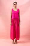 Alaya Advani_Pink Crepe Embroidery, Beads Round Neck High-low Kurta And Flared Pant Set _Online_at_Aza_Fashions