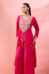 Alaya Advani_Pink Crepe Embroidery, Beads Round Neck High-low Kurta And Flared Pant Set _at_Aza_Fashions