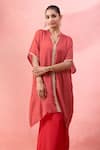 Shop_Alaya Advani_Red Satin, Georgette Embroidery V-neck Bandhani Kurta And Palazzo Set 