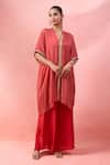 Buy_Alaya Advani_Red Satin, Georgette Embroidery V-neck Bandhani Kurta And Palazzo Set _at_Aza_Fashions