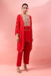 Alaya Advani_Red Georgette Embroidery, Beads Round Neck High-low Kurta And Pant Set _at_Aza_Fashions