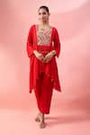 Buy_Alaya Advani_Red Georgette Embroidery, Beads Round Neck High-low Kurta And Pant Set 