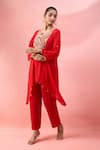 Shop_Alaya Advani_Red Georgette Embroidery, Beads Round Neck High-low Kurta And Pant Set 