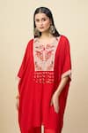 Alaya Advani_Red Satin, Georgette Embroidery, Beads Round Neck Yoke Kurta And Wide Leg Pant Set _at_Aza_Fashions
