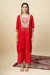 Alaya Advani_Red Satin, Georgette Embroidery, Beads Round Neck Yoke Kurta And Wide Leg Pant Set _Online