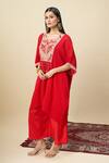 Buy_Alaya Advani_Red Satin, Georgette Embroidery, Beads Round Neck Yoke Kurta And Wide Leg Pant Set _Online