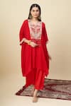 Shop_Alaya Advani_Red Satin, Georgette Embroidery, Beads Round Neck Yoke Kurta And Wide Leg Pant Set _Online