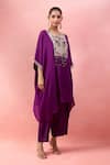Alaya Advani_Purple Satin, Georgette Embroidery, Beads Round Yoke Kaftan And Wide Leg Pant Set _Online_at_Aza_Fashions