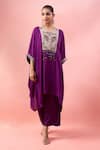Alaya Advani_Purple Satin, Georgette Embroidery, Beads Round Yoke Kaftan And Wide Leg Pant Set _at_Aza_Fashions