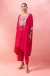 Alaya Advani_Pink Satin, Georgette Embroidery, Beads V-neck, Yoke Kaftan With Wide Leg Pant _at_Aza_Fashions