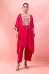 Buy_Alaya Advani_Pink Satin, Georgette Embroidery, Beads V-neck, Yoke Kaftan With Wide Leg Pant _at_Aza_Fashions