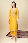 Shop_Alaya Advani_Yellow Crepe Embroidery, Beads, Tassels V-neck Yoke Kurta And Pant Set _Online_at_Aza_Fashions