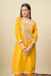Shop_Alaya Advani_Yellow Crepe Embroidery, Beads, Tassels V-neck Yoke Kurta And Pant Set 