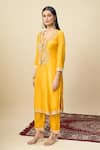 Alaya Advani_Yellow Crepe Embroidery, Beads, Tassels V-neck Yoke Kurta And Pant Set _Online