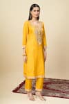 Shop_Alaya Advani_Yellow Crepe Embroidery, Beads, Tassels V-neck Yoke Kurta And Pant Set _Online