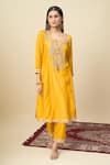 Alaya Advani_Yellow Crepe Embroidery, Beads, Tassels V-neck Yoke Kurta And Pant Set 