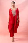 Buy_Alaya Advani_Red Crepe Embroidery Round Neck Yoke Cape Kurta And Pant Set _Online_at_Aza_Fashions