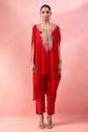 Shop_Alaya Advani_Red Crepe Embroidery Round Neck Yoke Cape Kurta And Pant Set _Online_at_Aza_Fashions