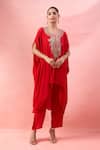 Alaya Advani_Red Crepe Embroidery Round Neck Yoke Cape Kurta And Pant Set _at_Aza_Fashions