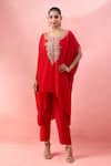 Buy_Alaya Advani_Red Crepe Embroidery Round Neck Yoke Cape Kurta And Pant Set _at_Aza_Fashions