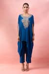 Alaya Advani_Blue Crepe Embroidery Round Neck Cape Kurta And Pant Set _Online_at_Aza_Fashions