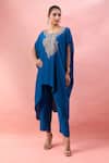 Buy_Alaya Advani_Blue Crepe Embroidery Round Neck Cape Kurta And Pant Set _Online_at_Aza_Fashions