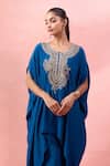 Alaya Advani_Blue Crepe Embroidery Round Neck Cape Kurta And Pant Set _at_Aza_Fashions