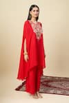 Shop_Alaya Advani_Red Georgette Embroidery, Beads Round Neck Yoke Cape Kurta And Pant Set _Online_at_Aza_Fashions