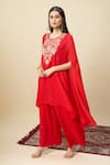 Alaya Advani_Red Georgette Embroidery, Beads Round Neck Yoke Cape Kurta And Pant Set _at_Aza_Fashions