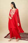 Alaya Advani_Red Georgette Embroidery, Beads Round Neck Yoke Cape Kurta And Pant Set _Online