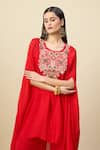 Shop_Alaya Advani_Red Georgette Embroidery, Beads Round Neck Yoke Cape Kurta And Pant Set _Online