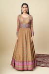 Shop_Alaya Advani_Gold Silk Satin Embroidery Round Neck Floral Print And Yoke Anarkali _Online_at_Aza_Fashions