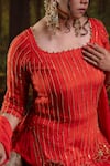 Harshita Jain_Orange Chinon, Chiffon Sequins, Beads, Embroidery Square Neck Stripe Kurta Set _at_Aza_Fashions