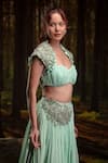 Harshita Jain_Mint Chinon, Chiffon Embroidery, Applique 3d Floral Blouse With Skirt _Online_at_Aza_Fashions