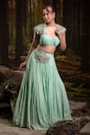 Buy_Harshita Jain_Mint Chinon, Chiffon Embroidery, Applique 3d Floral Blouse With Skirt 