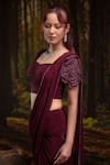 Harshita Jain_Wine Chinon, Chiffon Embroidery, Beads Pleated Pre-draped Saree With 3d Blouse _Online_at_Aza_Fashions