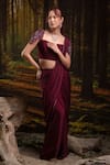 Buy_Harshita Jain_Wine Chinon, Chiffon Embroidery, Beads Pleated Pre-draped Saree With 3d Blouse _at_Aza_Fashions