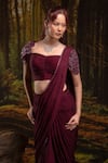 Buy_Harshita Jain_Wine Chinon, Chiffon Embroidery, Beads Pleated Pre-draped Saree With 3d Blouse _Online_at_Aza_Fashions
