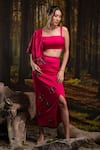 Harshita Jain_Fuchsia Gabardine Embroidery, Stones Open Neck, Square Border Cape Skirt Set _at_Aza_Fashions