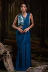 Buy_Harshita Jain_Cobalt Lycra, Net Embroidery, Beads Pleated Pre-draped Saree With Blouse _at_Aza_Fashions
