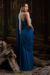 Shop_Harshita Jain_Cobalt Lycra, Net Embroidery, Beads Pleated Pre-draped Saree With Blouse _at_Aza_Fashions