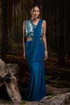 Buy_Harshita Jain_Cobalt Lycra, Net Embroidery, Beads Pleated Pre-draped Saree With Blouse 