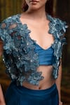 Harshita Jain_Cobalt Organza Embroidery, Beads V-neck 3d Floral Jacket Pant Set _Online_at_Aza_Fashions