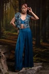 Buy_Harshita Jain_Cobalt Organza Embroidery, Beads V-neck 3d Floral Jacket Pant Set _Online_at_Aza_Fashions