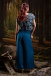Shop_Harshita Jain_Cobalt Organza Embroidery, Beads V-neck 3d Floral Jacket Pant Set _at_Aza_Fashions