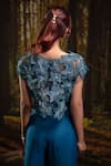Harshita Jain_Cobalt Organza Embroidery, Beads V-neck 3d Floral Jacket Pant Set _at_Aza_Fashions
